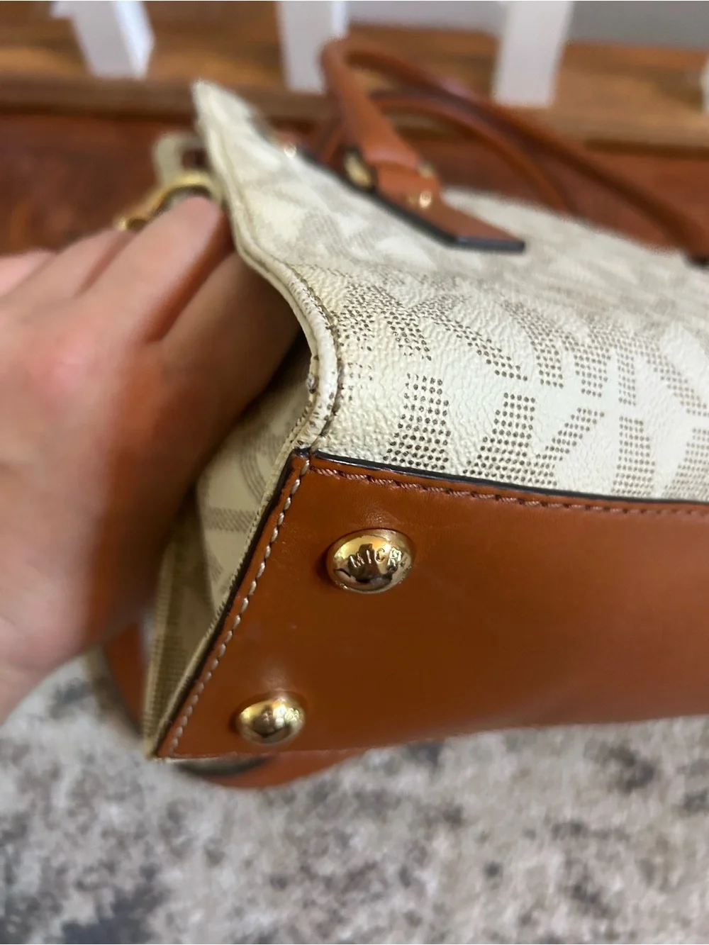 Michael Kors Cream and Tan Logo Satchel with Gold Hardware